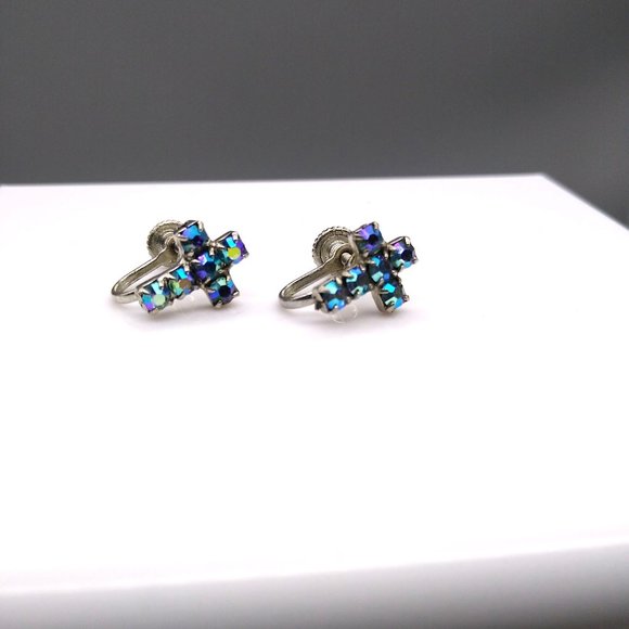 Vintage Dainty Crystal Cross Earrings with Blue AB Sparkle, Classic Tiny Screw - Picture 2 of 7
